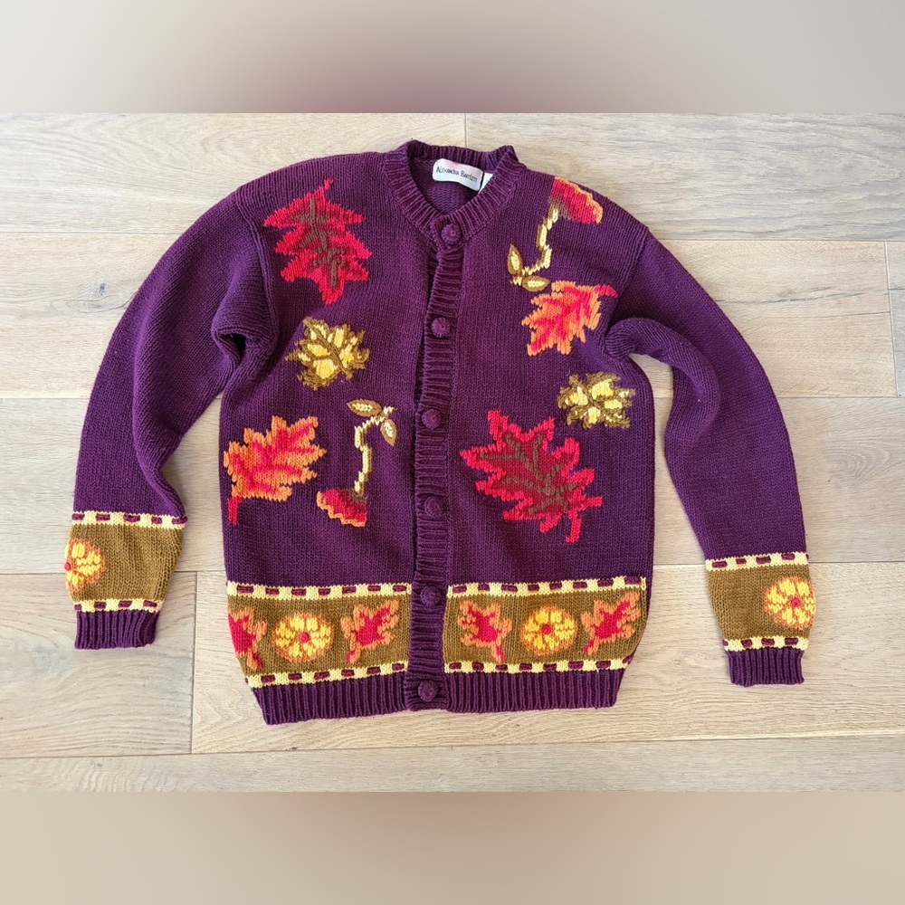 Alexandra Bartlett vintage fall leaves embroidered knit cotton blend sweater - S